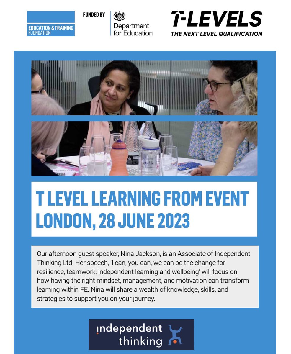 Absolutely thrilled to be speaking at this very prestigious event tomorrow with <a href="/E_T_Foundation/">Education Training Foundation</a> <a href="/SocietyET/">Society for Education and Training (SET)</a> Looking forward to connecting with you all. <a href="/ITLWorldwide/">Independent Thinking</a> #FE #Resilience #Students #TLevels #DFE #teamwork #FutureLearning