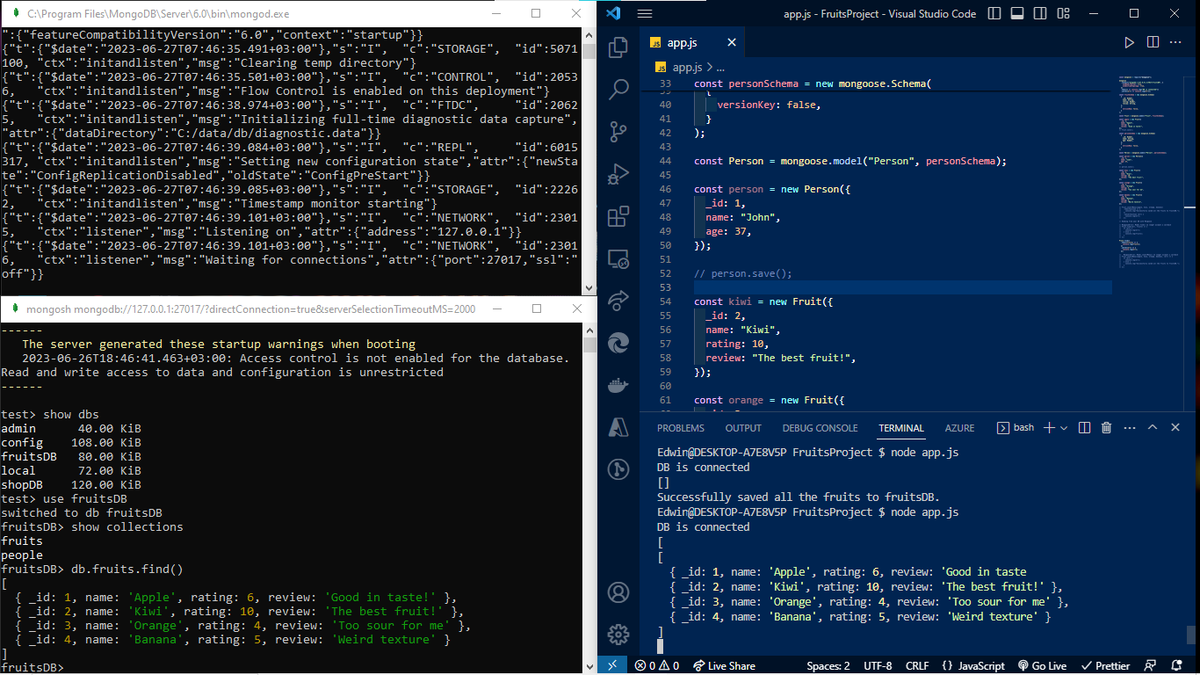 Days 8 and 9 of #100DaysOfCode: 📚 Created new documents & collections, performed CRUD operations, and implemented data validation in MongoDB using Mongoose. Also explored establishing relationships & embedding documents. #CodeCommitment