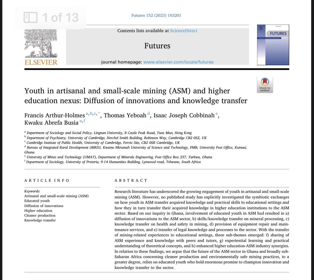 New article,the first to detail the symbiotic exchanges on how youth in artisanal and small-scale mining (ASM) transfer acquired knowledge and practical skills to educational settings and how they in turn transfer their acquired knowledge in higher education institutions to ASM
