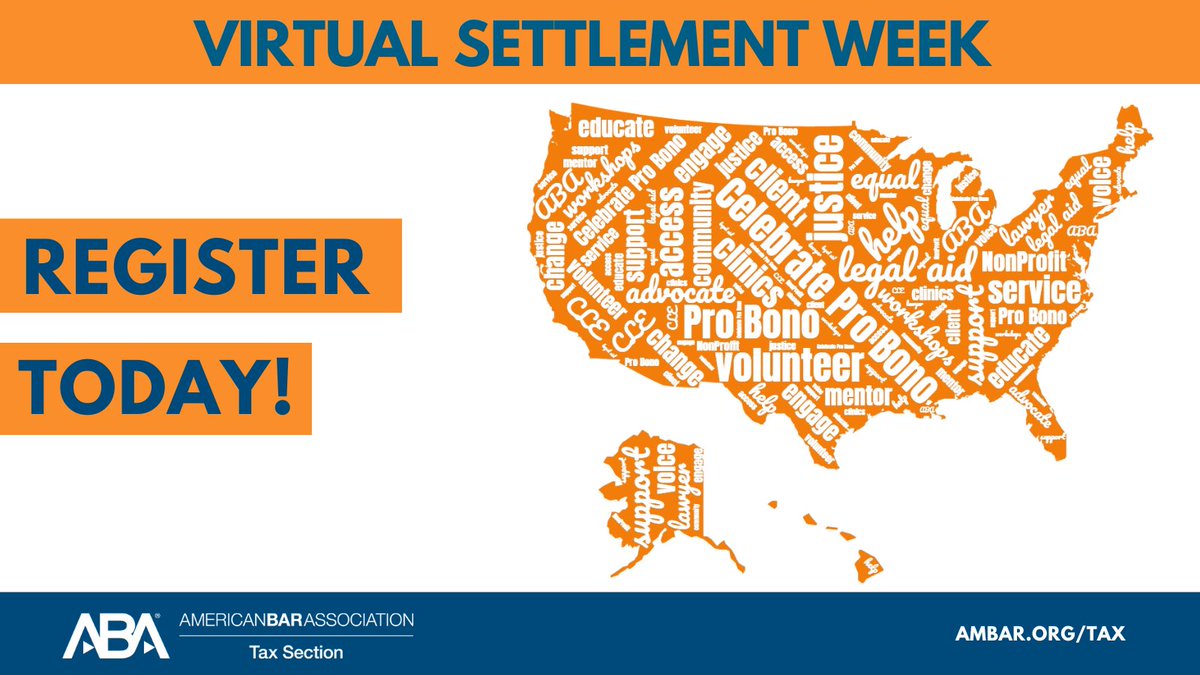 ABATAXSECTION's tweet photo. The Tax Section and the IRS are partnering again to host a third joint Virtual Settlement Week July 19-21, 2023.  Experience with pro bono matters is not required.

The deadline to sign up is June 30: https://t.co/K1nBWfufrT

#Tax #TaxLaw #TaxLawyer #TaxProBono @ABACtrProBono https://t.co/wpRLQTW4tF