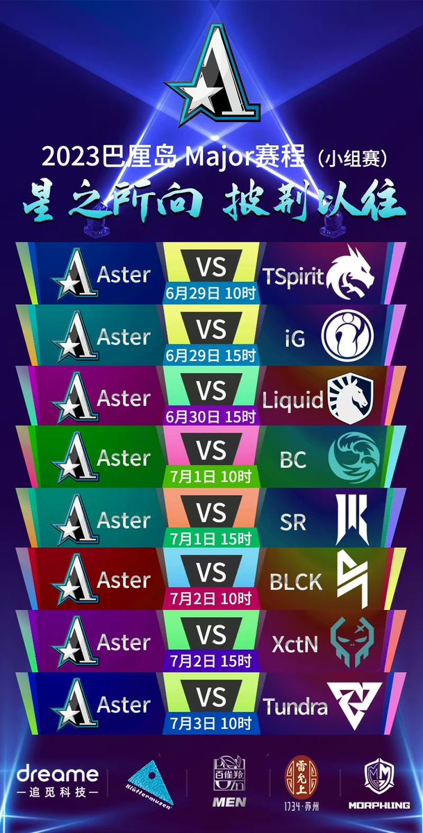 CN_TeamAster's tweet image. #TeamAster
►2023 Bali Major 
► Group Stage
► The last major of this year, an important tournament for us to get the tickets to TI! Let’s go, team! We’ll learn from our mistakes and evolve to be a stronger team! 
►The schedule has been released as shown in the image below, all