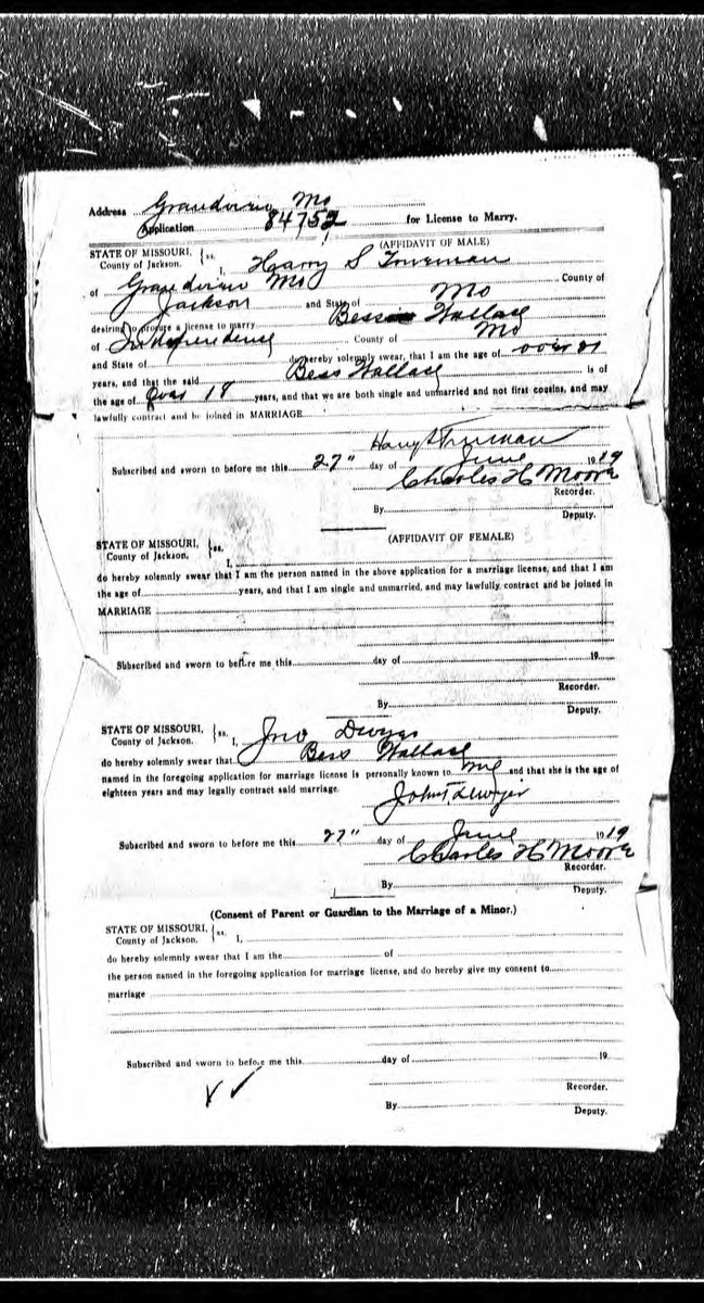 OTD in 1919, Harry S Truman, recently returned home from France after serving in the Great War, completed this application for a marriage license. He had met Bess(ie) Wallace in 1890, when they were kids...Truman was in love instantly, and waited 29 years for this moment.