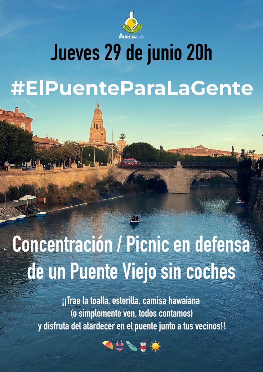 murcia_lab's tweet photo. El próximo jueves 29 de junio a las 20h volveremos a concentrarnos en el Puente Viejo por un puente libre de coches ¡Trae tu toalla playera, merienda, cartas y dominó y hagamos un picnic para defender un puente mas agradable!

#ElPuenteParaLaGente https://t.co/gI9Dx6SvGZ
