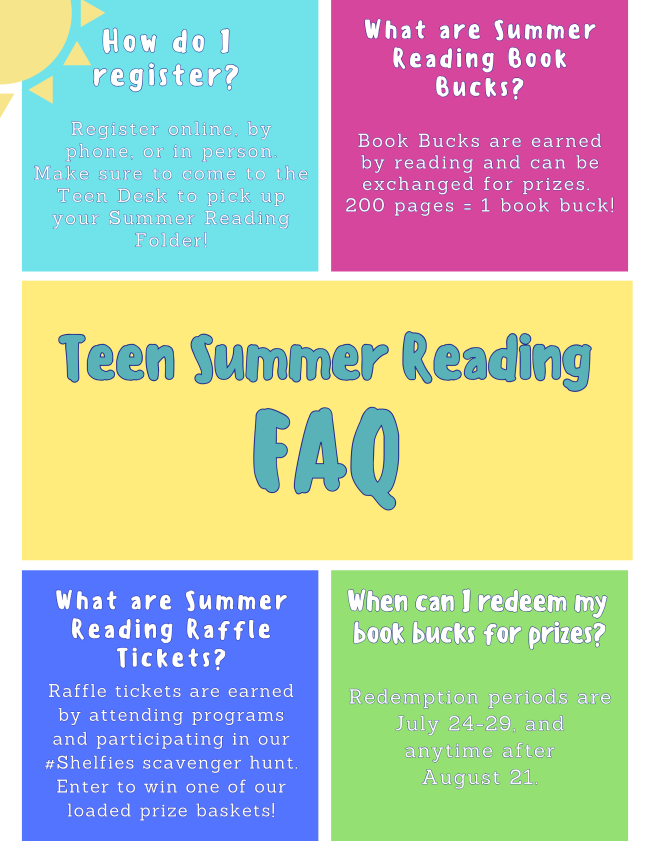 Registration for Teen and Tween Summer Reading (Grades 6-12) is ongoing. Details below. Lots of fun prizes and programs this Summer. 

conta.cc/3r3mfeE