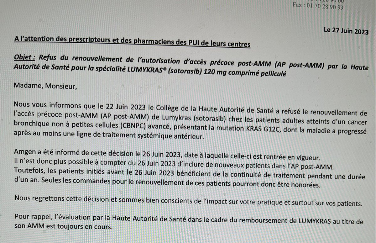 Pas une bonne nouvelle. 2500 cancers du poumon métastatique muté KRAS G12C avaient bénéficié de cet accès précoce après échec d’au moins une chimiothérapie et/ou immunothérapie. Tous les malades ne pourront accéder à un essai. Attendons l’EMA. Attendons le remboursement😩