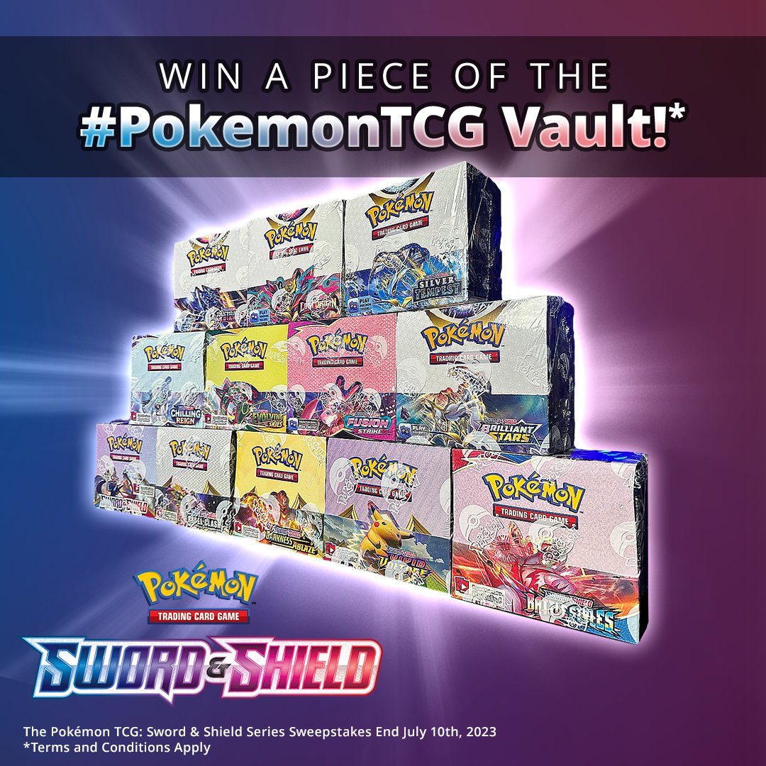Enter to win a piece of the #PokemonTCG: Sword & Shield vault! ⚔️ 🛡️ Celebrate the Sword & Shield era of the Pokémon TCG by entering to win one of three Grand Prizes comprising a booster display box from each expansion in the series. Enter here: pkmn.news/SWSHTCG