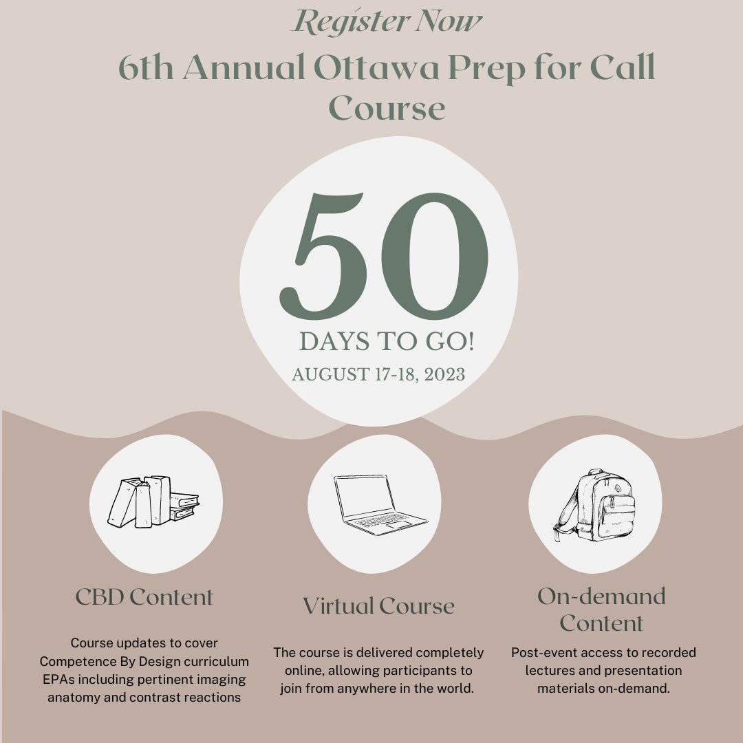 📢 Kind Reminder: 50 Days to go! Join us and register for the 6th Annual Ottawa Prep for Call Course! Visit  bit.ly/prepforcall23 for more information. Don't miss out! #radres #radiology #RadCME