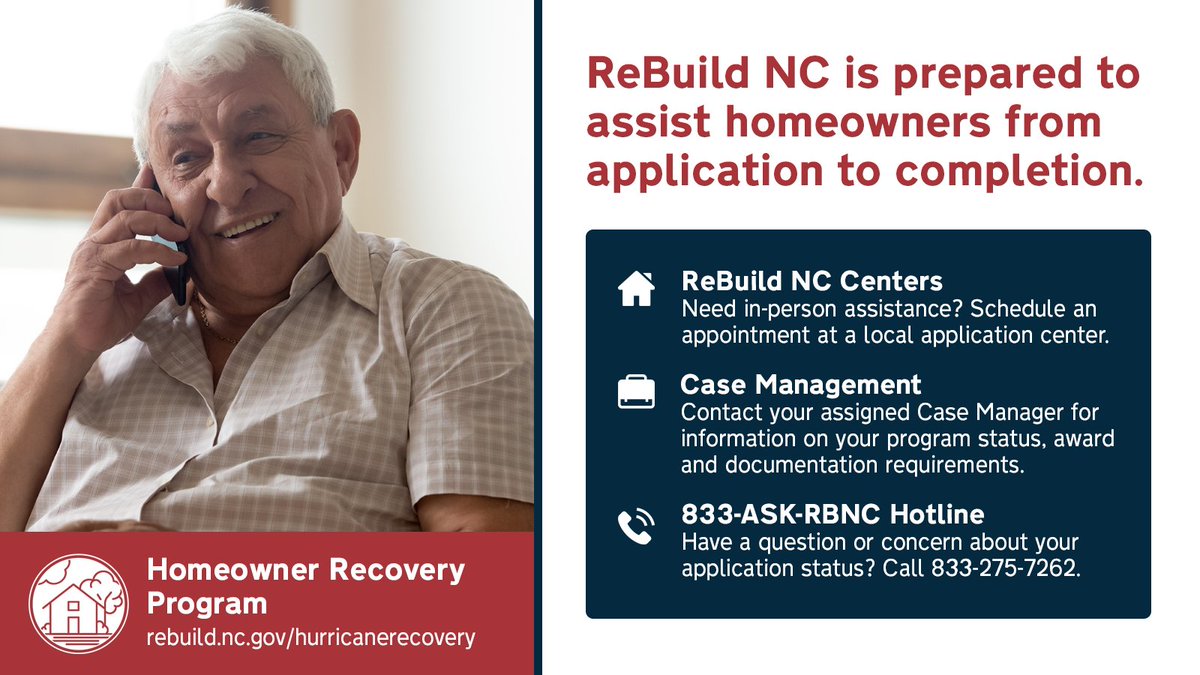 ReBuildNC_gov's tweet photo. 🏡 Participating Homeowners!

#ReBuildNC is here to support you throughout the Homeowner Recovery Program application process. Have questions? Don't navigate the process alone. Our team is ready to help you every step of the way! 🤝
@NCPublicSafety  @NCEmergency @NCORR_gov #NCORR https://t.co/4xvQeeur8H