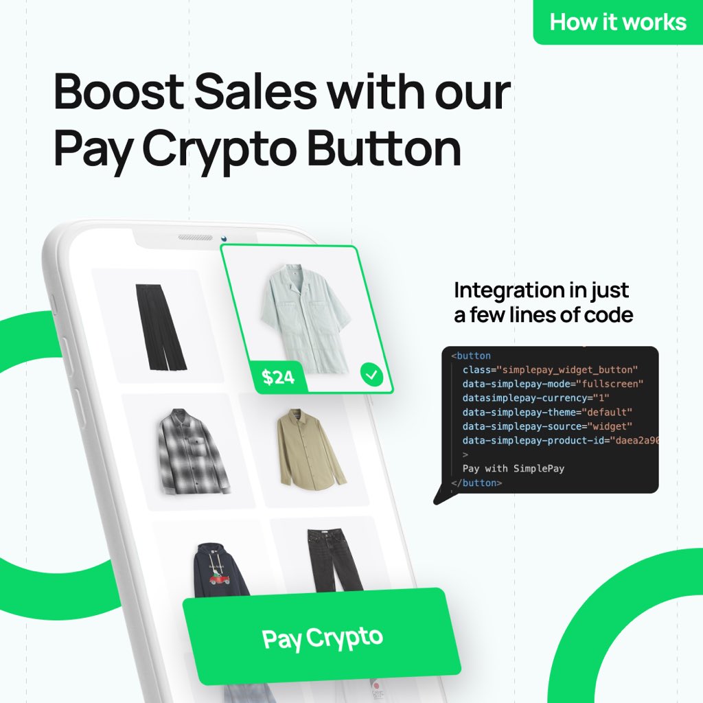 Simplepay_ai's tweet image. If you already have an online store, and you want to add a button for cryptopayments to it, we will integrate our payment button using just two lines of code.

We offer this solution for both websites and apps.
#SimplePay