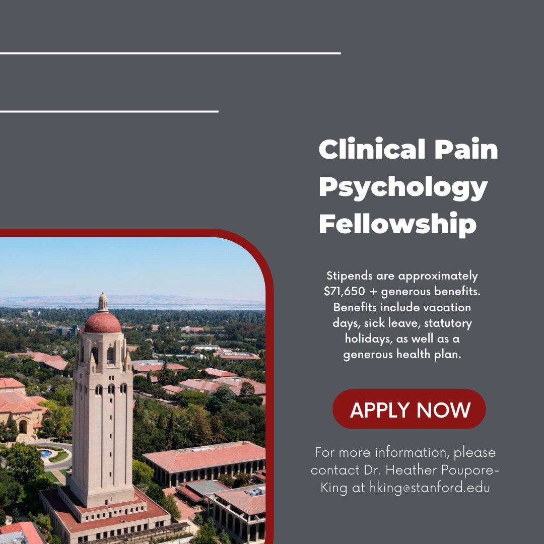 Stanford's Pain Psychology Postdoctoral Fellowship awaits you in the diverse and captivating Bay Area. Don't miss out! 🏞️ 

Apply now: stan.md/44j3Bxz 

#Stanford #Career