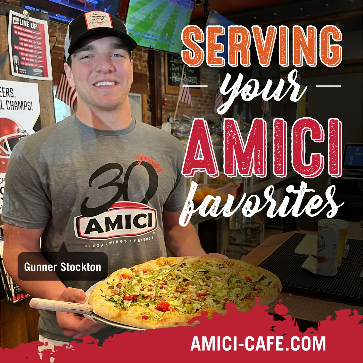 Gunner Stockton doesn’t stop at delivering clutch passes, he also serves up your #Amici favorites🤩🍕

#AmiciFamily #30YearAnniversary #AmiciWingSauce #XXHot #PizzaWingsFriends #MadisonGA #UGA #awardwinningwings #NIL #football #GODAWGS #Georgia