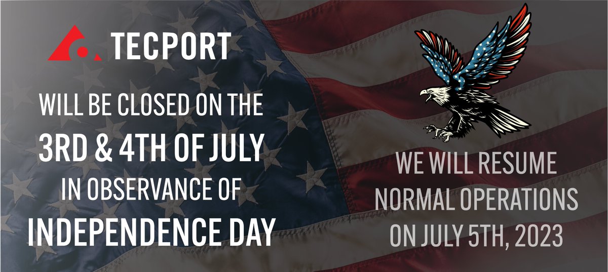 🔔 Tecport Optics will be closed on July 3rd and 4th in observance of Independence Day. We'll be back on July 5th, 2023. Please reach out before the closure by June 30th, 2023, for urgent matters. Have a safe and joyful holiday! 🎉🇺🇸 #IndependenceDay #ClosureNotice