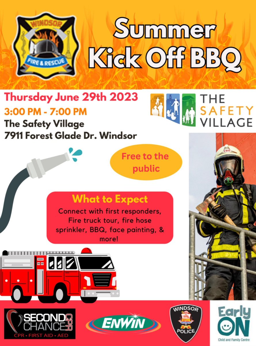 Perfect time to come interact with
 🚒@WindsorFire1🚒
👮‍♂️@WindsorPolice 🚔 @ The Summer Kick Off BBQ on Thursday June 29th, 3-7PM @Safety_Village 7911 Forest Glade Drive 
Come enjoy a BBQ, water sprinkler & and many more activities! 
#yqg
#safercommunities