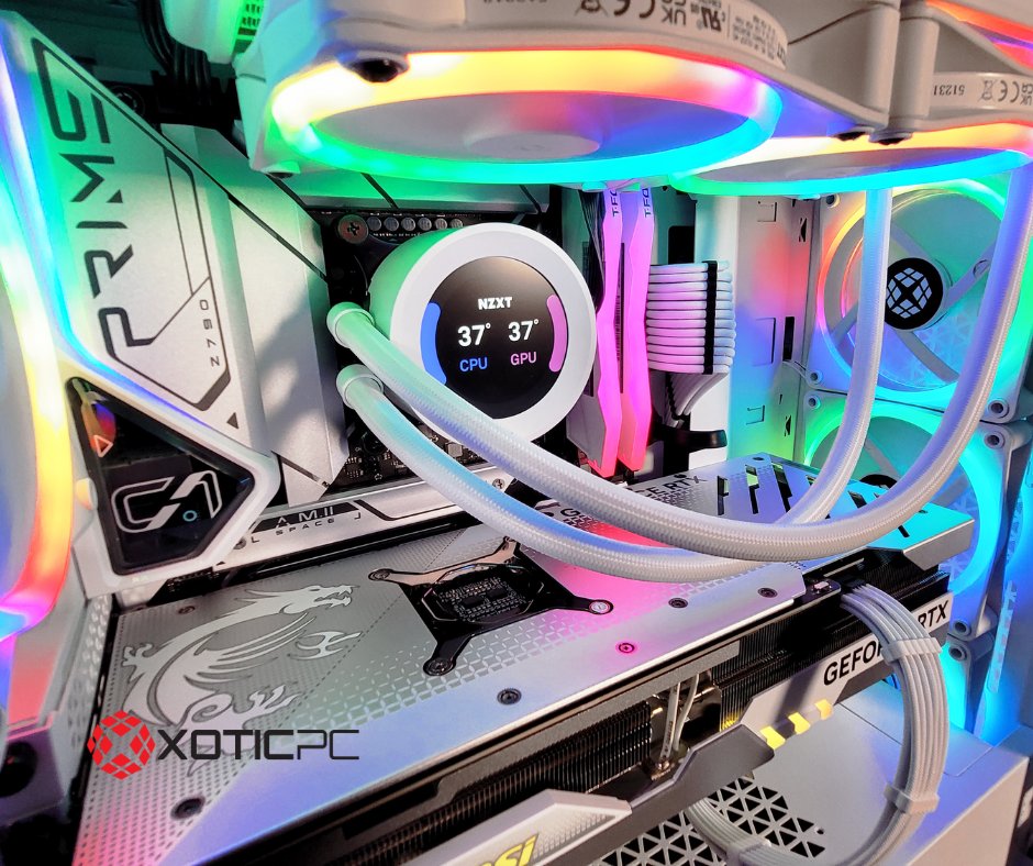 XoticPC's tweet photo. Introducing the sleek G10 Ghost with the powerful MSI GeForce RTX™ 4080 White Edition and the cool NZXT Kraken Elite 240 RGB Matte White AIO Liquid Cooler. It's all about smooth performance and stylish cooling! 💨💎 #MSI #4080 #NZXT #KrakenElite #SmoothAndCool #gamingpc https://t.co/jhvygYuqzv