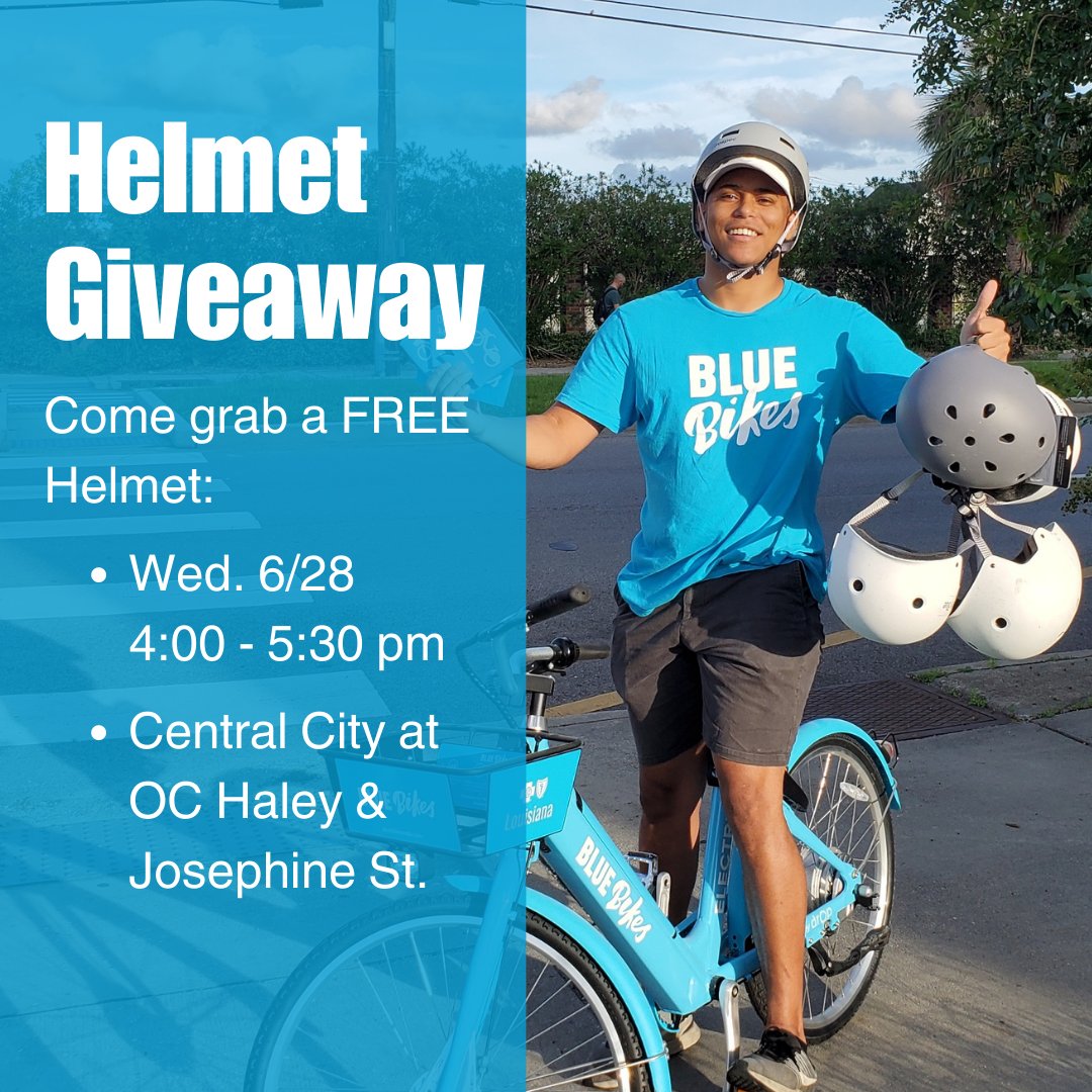 BlueBikesNOLA's tweet photo. FREE Blue Bikes Helmet Giveaway. Here are the details:
- When: Wednesday, June 28th from 4:00 - 5:30 pm
- Where: outside the @BikeEasy office in Central City at the corner of OC Haley and Josephine St.
Come through while supplies last!
#CommunityRun #RideDat #FreeHelmet https://t.co/1f5UvKk24q