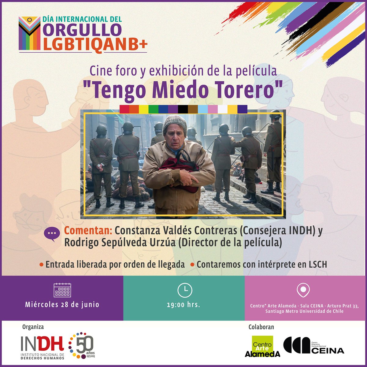 📌INDH de la Región Metropolitana invita al conversatorio y exhibición de la película “Tengo Miedo Torero”, en conmemoración del Día Internacional del Orgullo LGBTIQANB+.
📆 Miércoles 28 de junio
🕖Desde las 19 horas
📍Centro Arte Alameda. Sala CEINA. Arturo Prat 33. Santiago.