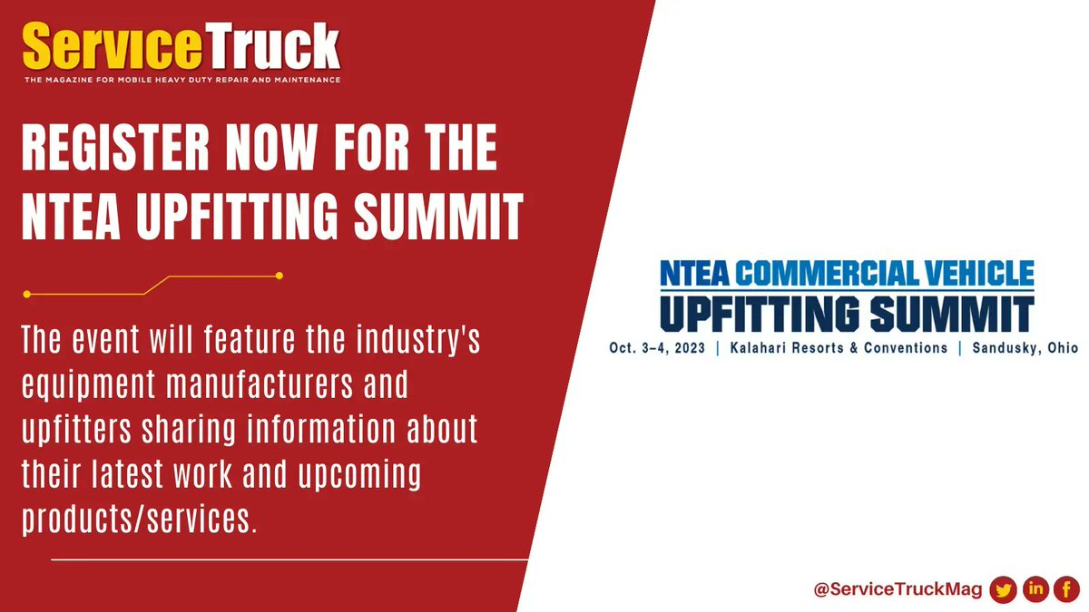 Register Now for the @nteanews #Upfitting Summit

Registration is now open for NTEA’s #CommercialVehicle Upfitting Summit, held from Oct. 3–4, 2023 in Sandusky, OH.

Find out more about the event and where to register 🔻

servicetruckmagazine.com/news/register-…

#ServiceTruckMag #WorkTrucks
