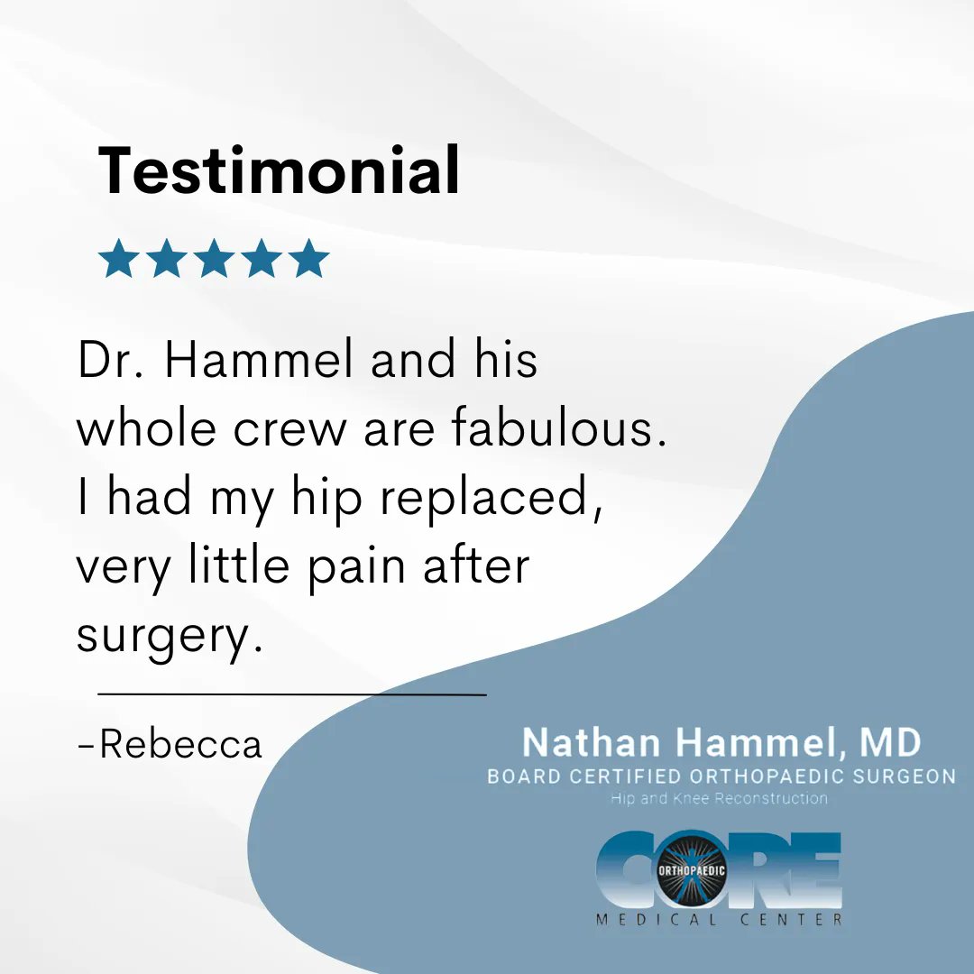 Rebecca, thank you for sharing!
•
•
•
#testimonialtuesday #patienttestimonial #orthopedics #wellness #health #CoreOrthopaedicMedicalCenter #drnathanhammel #hipreplacement #hipsurgeon #KneeReplacementSurgeon