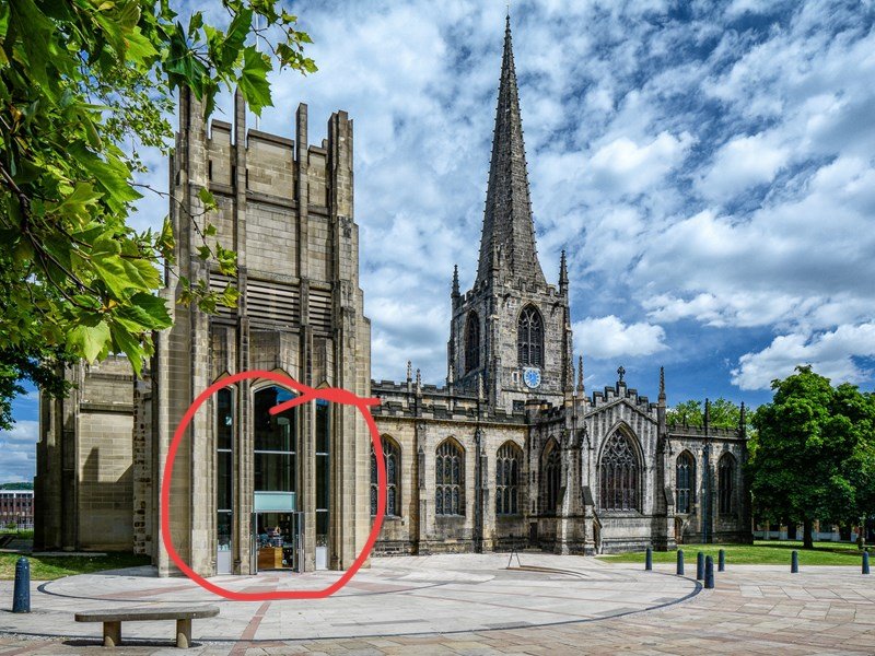 If you're joining our heritage walk this evening (Tues) slightly later, you can meet us at Sheffield Cathedral (entrance circled here) at 6:30pm - please remember there is a £5 (cash only) entry fee for the tour. #ISCLR23