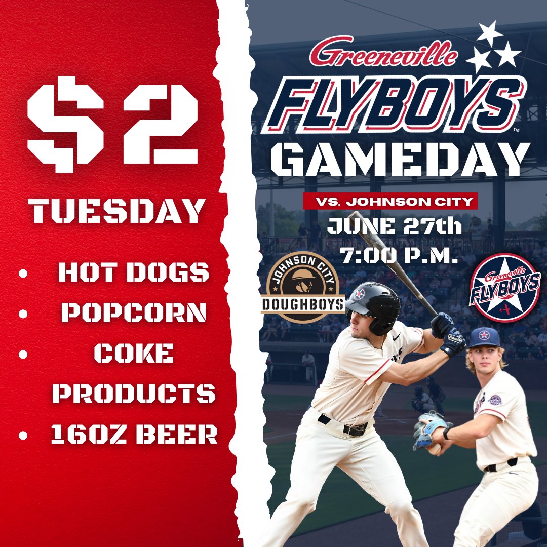 Back again for a matchup with Johnson City. Join us for $2 Tuesday! Tickets: www.com/greeneville/ti…   #WeStayFly
