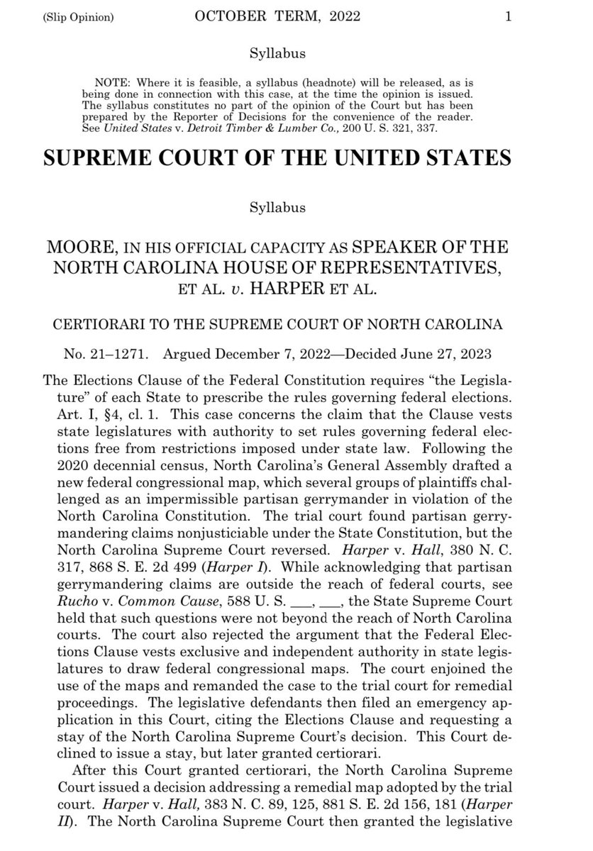 Today in #MoorevHarper, the Supreme Court affirmed our constitution and democratic system’s well-established checks and balances and rejected a dangerous effort to sow chaos and doubt in our elections in 6-3 decision authored by Chief Justice Roberts 1/3