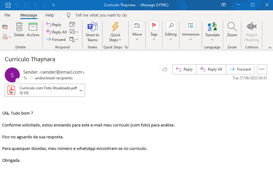 #Malware campaign in Brazil 🇧🇷! Beware of emails with PDF attachments. They claim to be a resume but contain a malicious link. Stay safe!