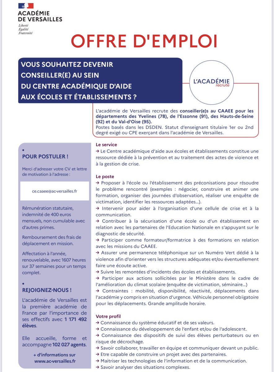 🚨🚨le <a href="/CAAEEVersailles/">CAAEE Versailles</a> recrute un.e conseiller.e pour la rentrée 2023, nos missions Prévention Intervention Innovation, rejoignez nous, c'est maintenant ! 😁💪<a href="/acversailles/">Académie de Versailles</a> #recrutement #education #climatscolaire