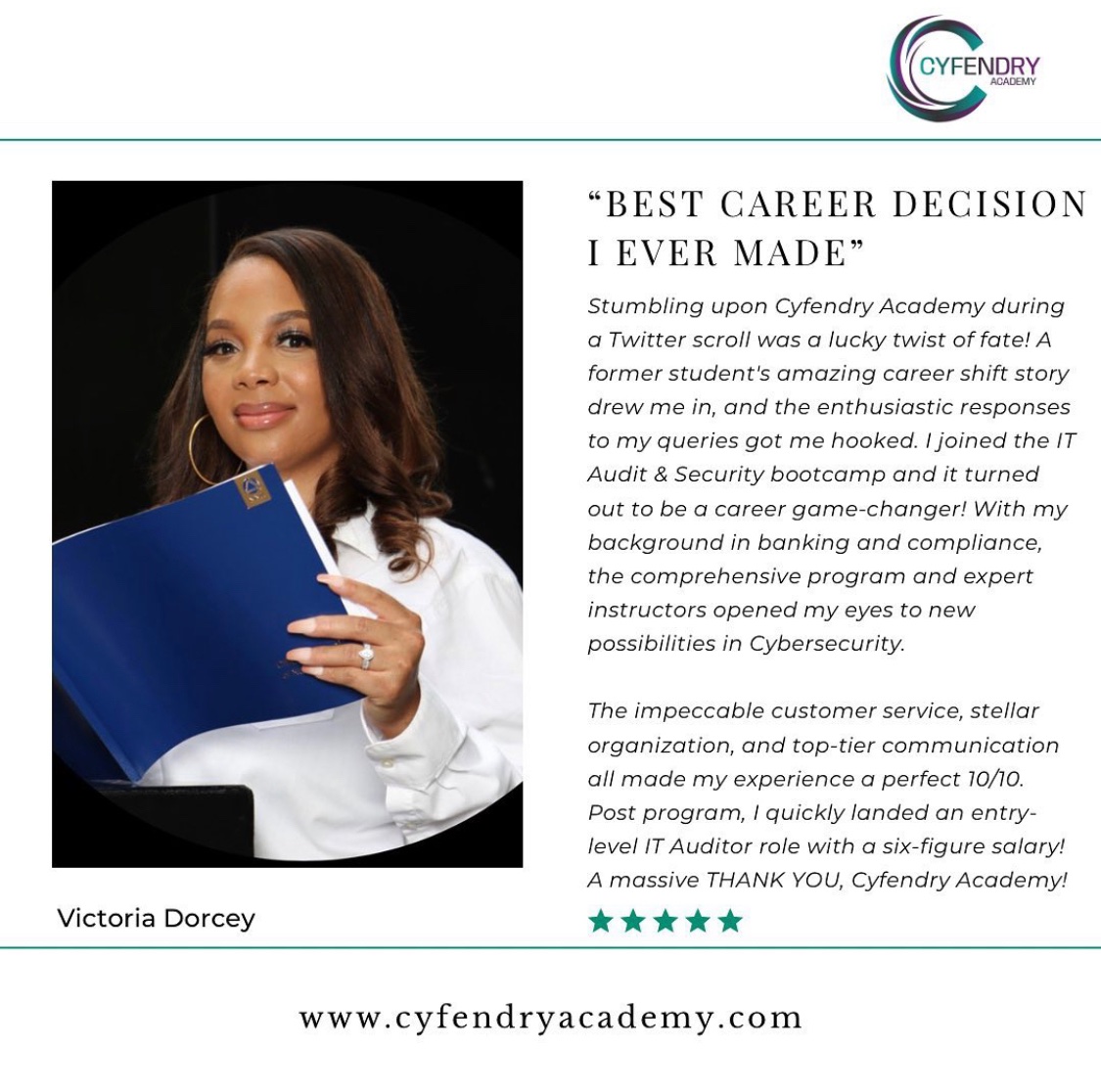 CyfendryAcademy's tweet photo. Meet Victoria Dorcey, a Cyfendry Academy graduate turned IT Auditor superstar! 🌟 From banking to cybersecurity, her journey is a testament to the power of our program.

 Registration is open for our August cohort! #Cybersecurity  #Cyfendry #RegisterNow 

https://t.co/3oXiJMN7Dz https://t.co/dvWoIQGhtM