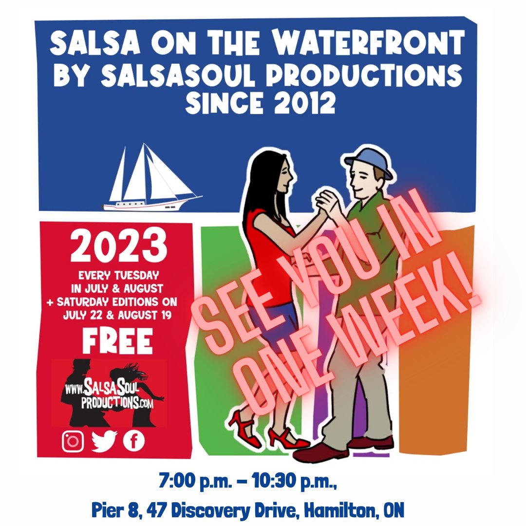 The countdown is ON! Come EXPERIENCE THE MAGIC in #HamOnt next TUESDAY, JULY 4 for our first #SalsaOnTheWaterfront of 2023! :) Invite your family and friends and let's have a gorgeous sunset salsa party! :D