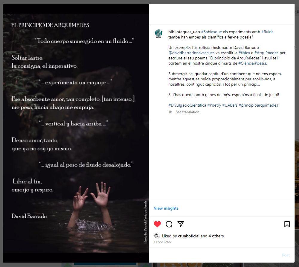 La #CiènciaiPoesia dels dissabtes ara també cada últim dimarts del mes al compte d'#Instagram de les #bibliotequesUAB.  

Al juny: 'El principio de Arquímedes' de <a href="/David_Barrado/">David Barrado</a>
🔗instagram.com/p/Ct_xzJ6vs-e/

<a href="/lauramorron/">Laura Morrón Ruiz de Gordejuela ☢️📚📜</a> <a href="/CristinaSopena1/">Cristina Sopena</a> @nandreghan <a href="/Magrat_76/">Maria Onti 📚 🌍✈🐱</a> <a href="/Josep_Trigo/">Dr. Josep M Trigo ⭐🌛#PlanetaryDefense #DART HERA</a> <a href="/astrodlj/">astrodlj</a>