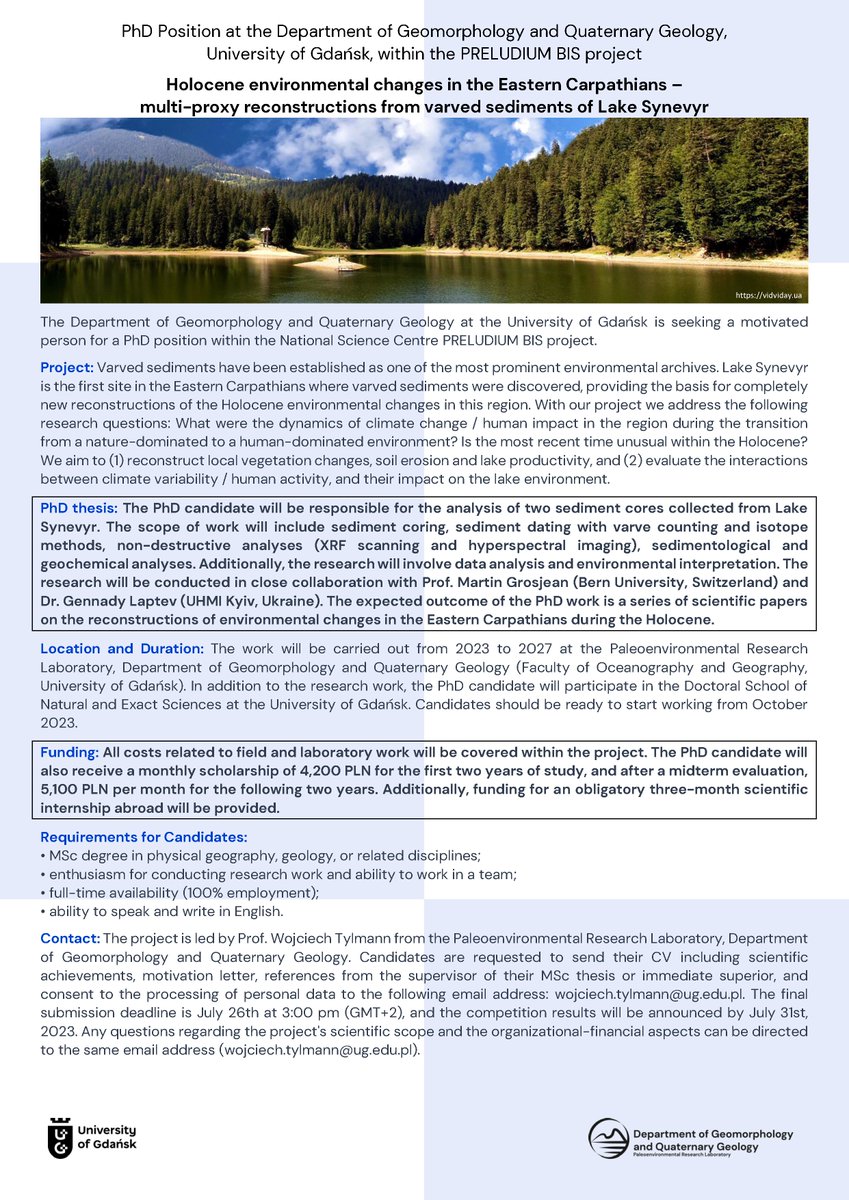 Paleoenvironmental Research Laboratory at <a href="/Uniwersytet_GD/">Uniwersytet Gdański</a> is looking for a new Ph.D. student interested in #varves #paleolimnology and #lakes. It's a fully paid, 4-year-long scholarship from <a href="/NCN_PL/">Narodowe Centrum Nauki</a>! Come and work with us in Poland! <a href="/varveswg/">Varve Working Group</a>