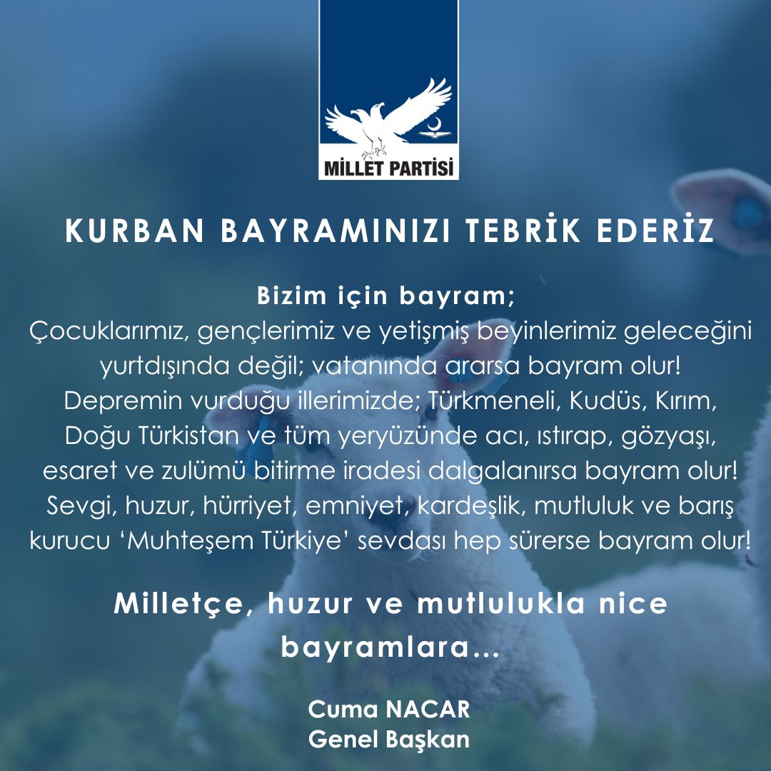 CumaNacarMP's tweet photo. #KURBAN BAYRAMINIZI
TEBRİK EDERİZ

Bizim için #bayram ;
Çocuklarımız, gençlerimiz ve yetişmiş beyinlerimiz geleceğini yurtdışında değil; vatanında ararsa bayram olur!

#KURBANBAYRAMI https://t.co/vThw1Nfic3