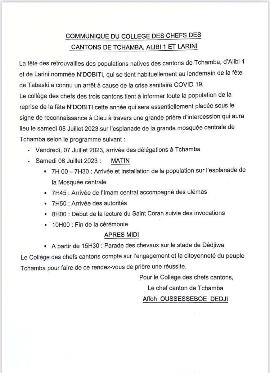 ♨️COMMUNIQUE DU COLLÈGE DES CHEFS DES CANTONS DE TCHAMBA, ALIBI I ET LARINI ♨️ 

Relatif à l’organisation de la fête N’DOBITI