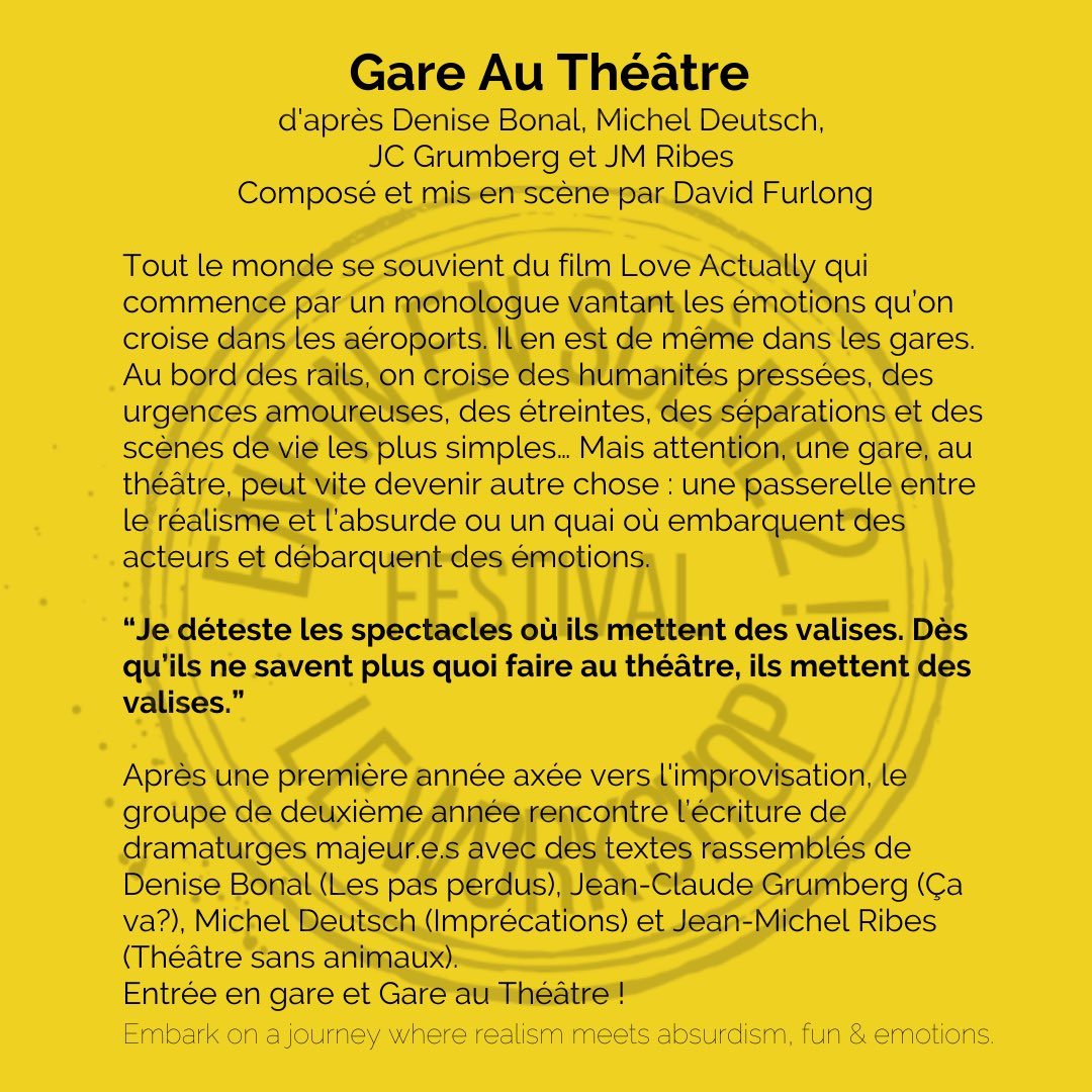 Gare au théâtre, mis en scène par David Furlong, est composé des textes de Denise Bonal, Jean-Claude Grumberg, Michel Deutsch et Jean-Michel Ribes.