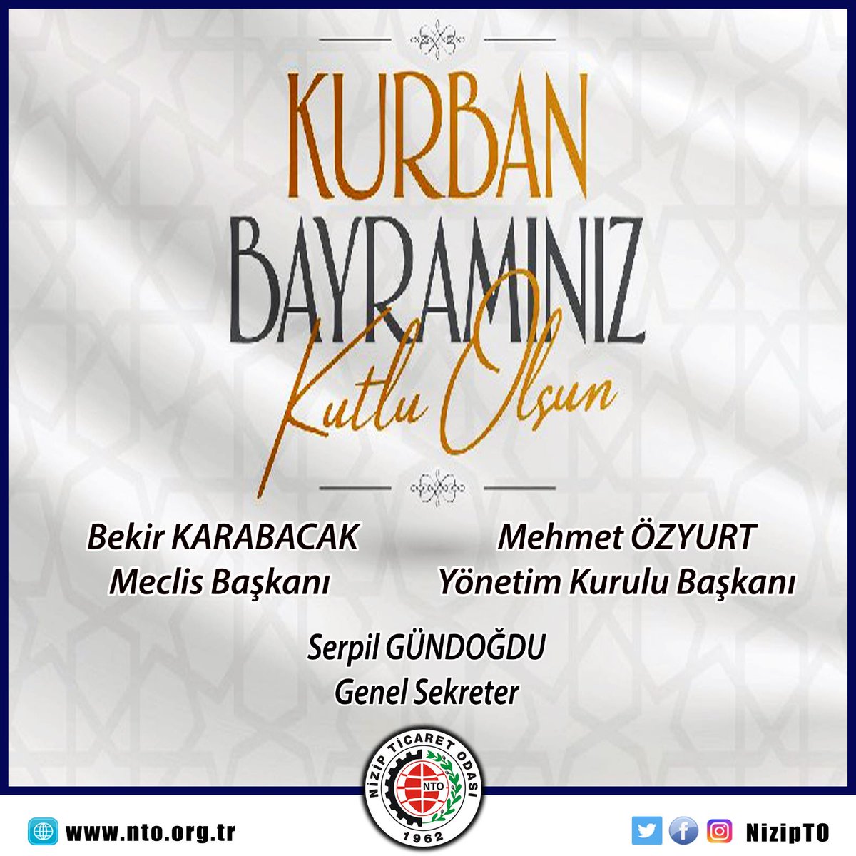 Nizip Ticaret Odası (@nizipto) on Twitter photo Kurban Bayramı'nızı tebrik ediyor, İslam âleminin birlik ve beraberliğinin güçlenmesine vesile olmasını, tüm insanlığa bereket ve esenlik getirmesini diliyoruz. <a href="/MehmetOzyurtNto/">Mehmet Özyurt</a>
#KURBANBAYRAMI Kurban Bayramı'nızı tebrik ediyor, İslam âleminin birlik ve beraberliğinin güçlenmesine vesile olmasını, tüm insanlığa bereket ve esenlik getirmesini diliyoruz. <a href="/MehmetOzyurtNto/">Mehmet Özyurt</a>
#KURBANBAYRAMI