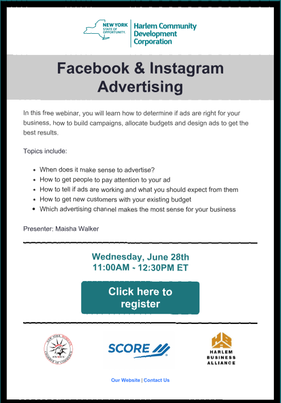 NYWomensChamber's tweet photo. Attention! Join us &amp; our partners at the @HarlemCDCorp for their upcoming webinar "Facebook &amp; Instagram Advertising" Tomorrow at 11am on ZOOM.
Register for free here: https://t.co/tiaKIt1ClE
#harlemcdc #scorenyc #harlembizalliance #nywcc https://t.co/is9rDJGVjU