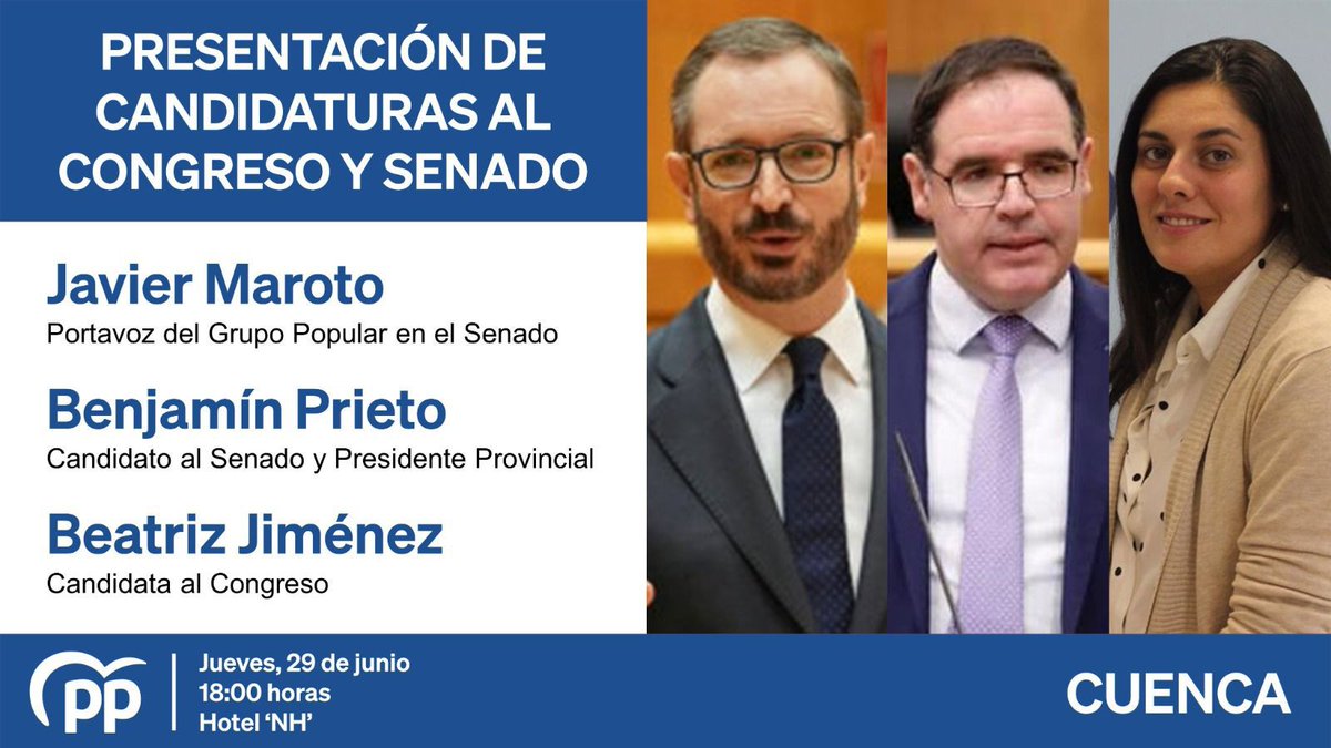 nnggcuenca's tweet photo. Presentación de las Candidaturas al Congreso y al Senado para las elecciones Generales 2023. 

🗓️ Jueves, 29 de junio. 
🕕 18:00 horas.
📍 Hotel "NH" Ciudad de Cuenca. 

¡Te esperemos! https://t.co/MJiv5cLEfE