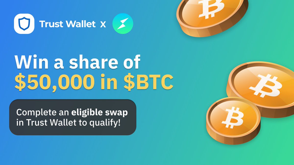 Complete a swap, enter to win ⚡️ Over 600 chances to win a share of $50k in Bitcoin Entry Rules: 💙Like & RT 💙Follow @THORChain @TrustWallet 💙Swap #bitcoin on Trust Wallet Full details & criteria: trustwallet.com/blog/trust-wal…