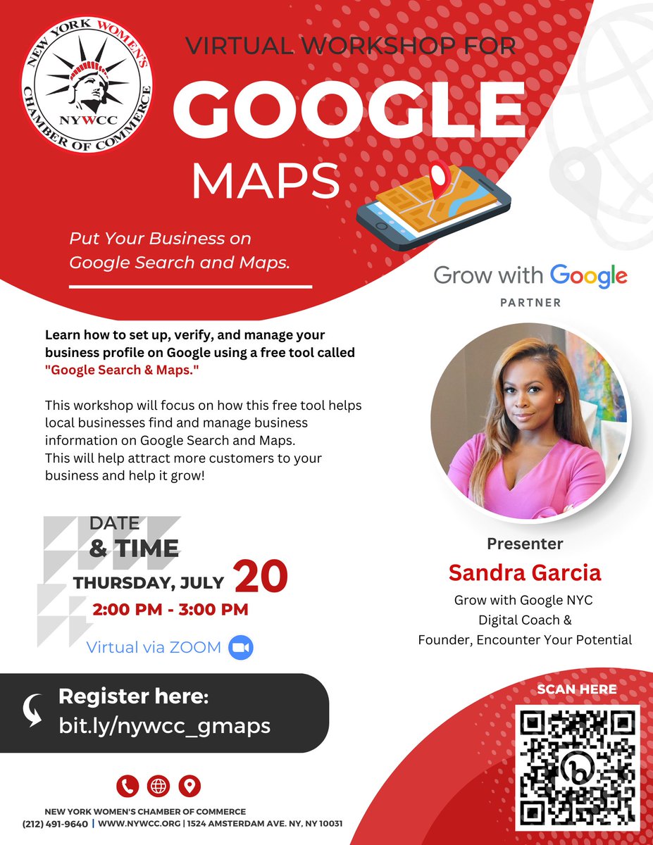 NYWomensChamber's tweet photo. Put Your Business on @Google Search and Maps! Learn how to set up, verify, and manage your business profile on Google using a free tool called "Google Search &amp; Maps." July 20th at 2pm on ZOOM. RSVP for FREE!  https://t.co/93r5CAMOTW https://t.co/NIK2ZJ9DUi
