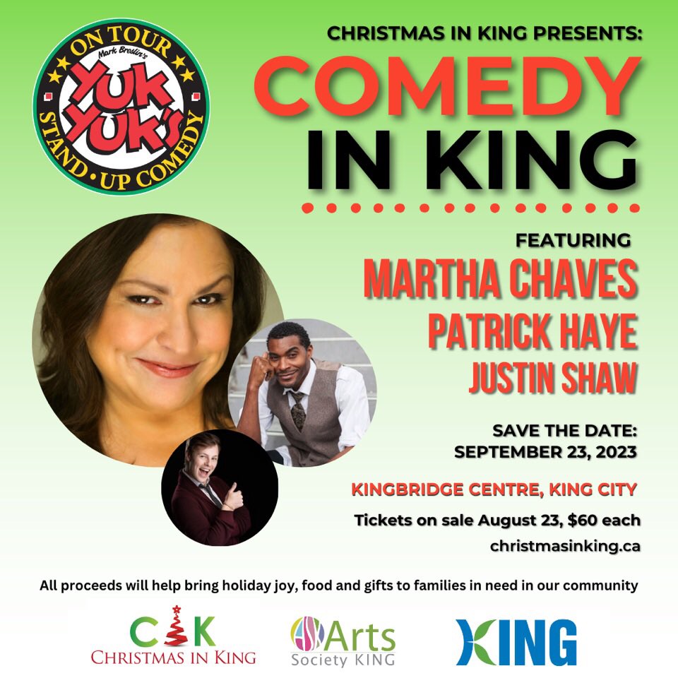 #SavetheDate - September 23/23 - for Christmas in King's Comedy in King. All proceeds will help bring holiday joy, food and gifts to families in need in our community. Tickets go on sale on August 23!