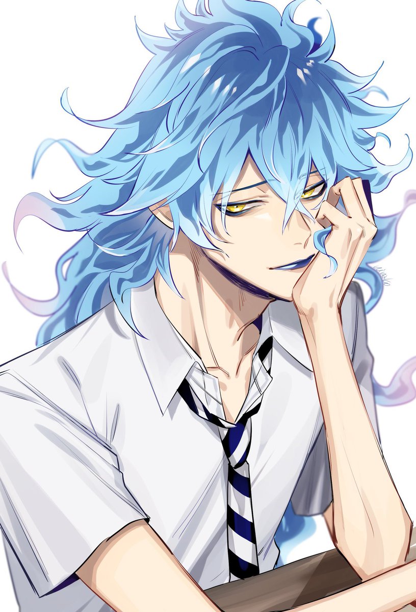 male focus 1boy yellow eyes long hair necktie blue hair shirt  illustration images