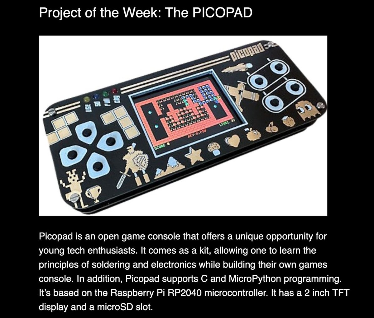 Proud moment for us! Our Picopad got a shoutout in the latest edition of the Python on Microcontrollers newsletter by Adafruit Daily.

adafruitdaily.com/2023/06/27/pyt…

#picopad #adafruit #adafruitdaily #ProjectOfTheWeek