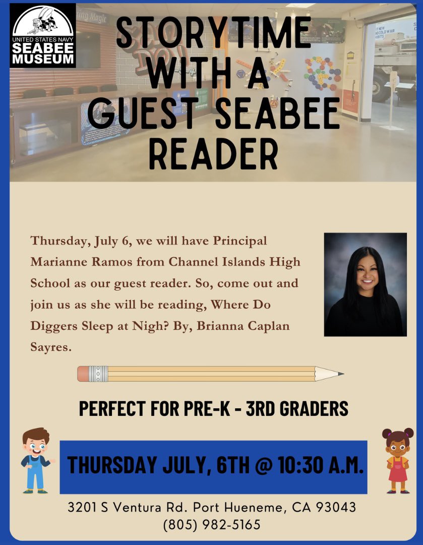 Storytime! Bring the kiddos out! Channel Islands High School Principal Marianne Ramos will be the guest reader at the Bee Fun Zone Thursday, July 6th at 10:30am. @cihs_raiders @MsMarianneRamos #WeAreOxnardUnion #HereWeCome #StoryTime #SummerTimeFun #CIHS