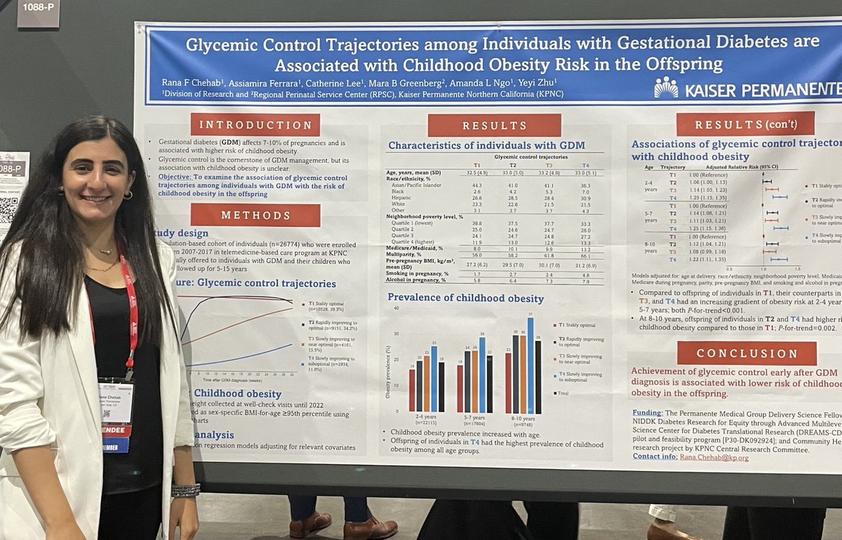 Kaiser Permanente Research NorCal (@kpdor) on Twitter photo Research fellow <a href="/KPDOR/">Kaiser Permanente Research NorCal</a> Rana Chehab <a href="/RanaChehab3/">Rana Chehab</a> w/ research IDing glycemic control trajectories (longitudinal patterns) in #GDM, and links to childhood #obesity, at #ADA2023. She received a Young Investigator Award. 
Abstract:  bit.ly/3Nrgu1P
<a href="/kpnorcal/">KPNorthernCal</a> <a href="/yeyizhu/">Yeyi Zhu</a> Research fellow <a href="/KPDOR/">Kaiser Permanente Research NorCal</a> Rana Chehab <a href="/RanaChehab3/">Rana Chehab</a> w/ research IDing glycemic control trajectories (longitudinal patterns) in #GDM, and links to childhood #obesity, at #ADA2023. She received a Young Investigator Award. 
Abstract:  bit.ly/3Nrgu1P
<a href="/kpnorcal/">KPNorthernCal</a> <a href="/yeyizhu/">Yeyi Zhu</a>