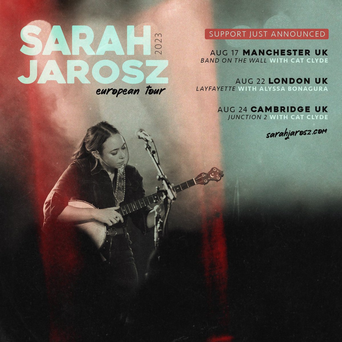Happy to announce support for a few of my upcoming UK shows in August. These lovely folks will be kicking off three of the shows. Head to my website to see the full list of UK and Denmark dates! sarahjarosz.com