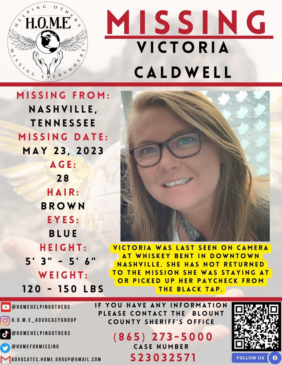 🚨𝗠𝗜𝗦𝗦𝗜𝗡𝗚 𝗣𝗘𝗥𝗦𝗢𝗡🚨
𝗩𝗶𝗰𝘁𝗼𝗿𝗶𝗮 𝗛𝗼𝗽𝗲 𝗖𝗮𝗹𝗱𝘄𝗲𝗹𝗹 (𝟮𝟵)
𝗡𝗮𝘀𝗵𝘃𝗶𝗹𝗹𝗲, 𝗧𝗲𝗻𝗻𝗲𝘀𝘀𝗲𝗲 (𝗗𝗮𝘃𝗶𝗱𝘀𝗼𝗻 𝗖𝗼𝘂𝗻𝘁𝘆)
𝗠𝗮𝘆 𝟮𝟯, 𝟮𝟬𝟮𝟯
#homeformissing #missingperson #nashville #Tennessee #davidsoncountytn #blountcounty #victoriacaldwell