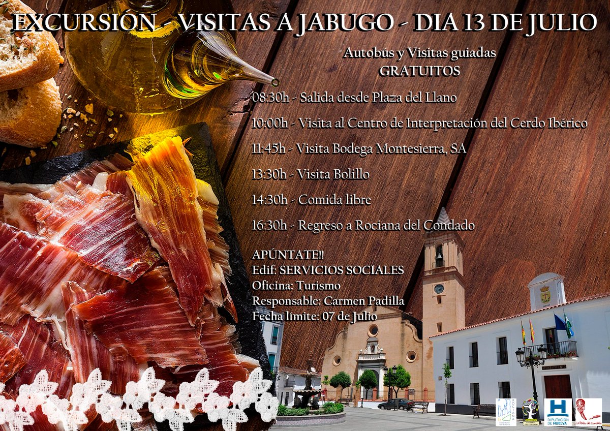 ayto_rociana's tweet photo. Excursión - Visita a Jabugo el Jueves 13 de Julio:
📷 Inscripción gratuita en Servicios Sociales, Carmen Padilla.
📷 Antes del 7 de Julio o hasta agotar las 50 plazas.
📷 Salida a las 8:30 h. desde Plaza del Llano, llegada sobre las 18:30 h.
#Ayuntamiento
#Rociana
#ATuServicio https://t.co/HacpvM07nl