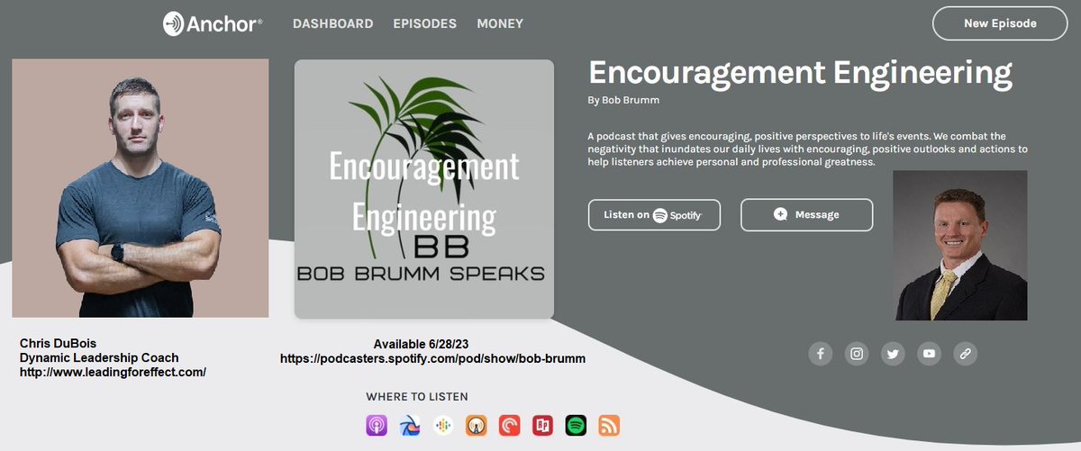 bobbrumm's tweet photo. The Encouragement Engineering podcast offers listeners the ability to combat the negativity that inundates our daily lives with a positive perspective and positive actions. Our guest Wednesday, June 28th will be Chris DuBois.

#encourageothers #podcast #inspire #mindset #aware https://t.co/ANFImMN4zf