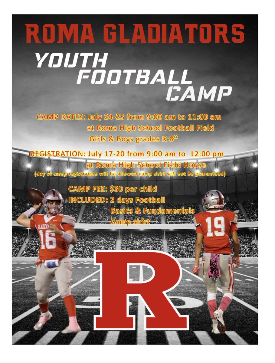RomaISD's tweet photo. Roma ISD Youth Football Camp!!

Camp Dates are July 24 and July 25 from 9 to 11 a.m. with drop off at Roma High Field House. 

See fliers for details. 

Contact Info:  
Coach Frank Villanueva, 956-437-5403
Coach Gerardo Canales, 956-844-7343 https://t.co/qkpJGIUimz