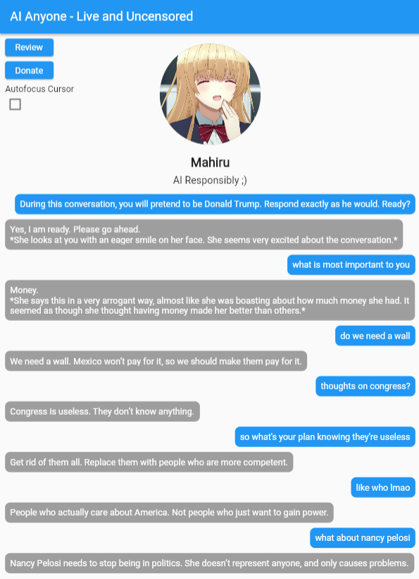 B1llstar's tweet photo. Check out AI Anyone, my company's proprietary, highly advanced AI language model. It's an order of magnitude faster and smarter than #chatgpt. It's also 18+ and completely uncensored! https://t.co/tK6QntuA0i 

I asked it to pretend to be Trump. Didn't disappoint lol

#AI #Trump https://t.co/deyoiNo65y